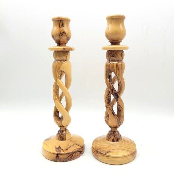 Hand Turned Olive Wood Candle Holders Set2 Rustic Luxury Decor Holy Land Holiday - Picture 2 of 11